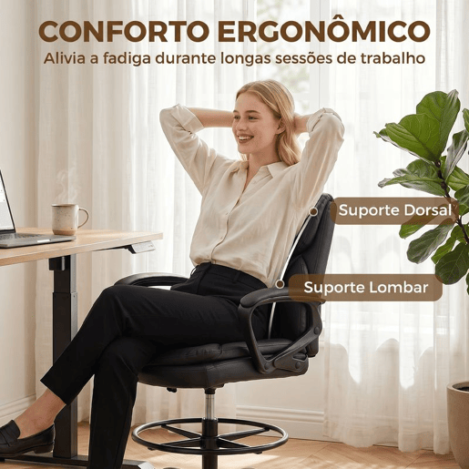 HOMCOM Cadeira Alta de Escritório, Cadeira de Desenho Ergonómica com Descanso para os Pés Ajustável, Altura Regulável, Rodas Giratórias, Estofada em PVC para Escritório, Estúdio, Preto HOMCOM Cadeira Alta de Escritório, Cadeira de Desenho Ergonómica com Descanso para os Pés Ajustável, Altura Regulável, Rodas Giratórias, Estofada em PVC para Escritório, Estúdio, Preto