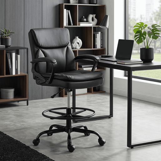 HOMCOM Cadeira Alta de Escritório, Cadeira de Desenho Ergonómica com Descanso para os Pés Ajustável, Altura Regulável, Rodas Giratórias, Estofada em PVC para Escritório, Estúdio, Preto HOMCOM Cadeira Alta de Escritório, Cadeira de Desenho Ergonómica com Descanso para os Pés Ajustável, Altura Regulável, Rodas Giratórias, Estofada em PVC para Escritório, Estúdio, Preto
