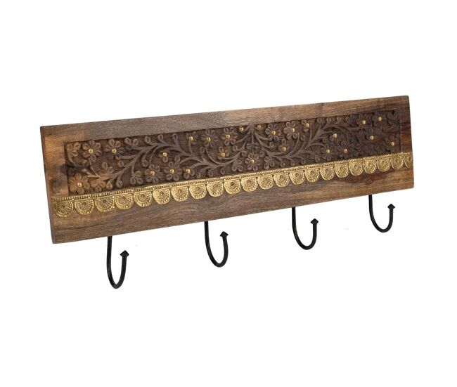 Percha de madera de 4 ganchos marrón 50x5x18