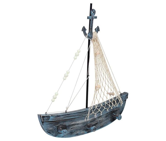 Percha de madera barco de 2 ganchos azul 35x5x39 cm