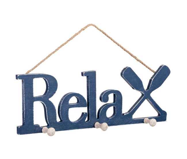 Percha de pared de madera con 3 ganchos azul 38x4.5x24 cm