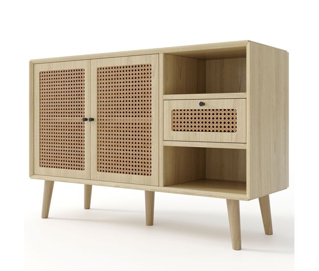 Aparador de salón comedor mueble auxiliar con 2 puertas magnéticas de ratán rejilla y 1 cajón grande armario de almacenaje de madera con estantes