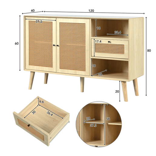 Aparador de Sala de Estar Jantar Móvel Auxiliar com 2 Portas Magnéticas de Rotim Palhinha e 1 Gaveta Grande Armário de Arrumação com Prateleiras Ajustáveis 120x40x80cm Carvalho