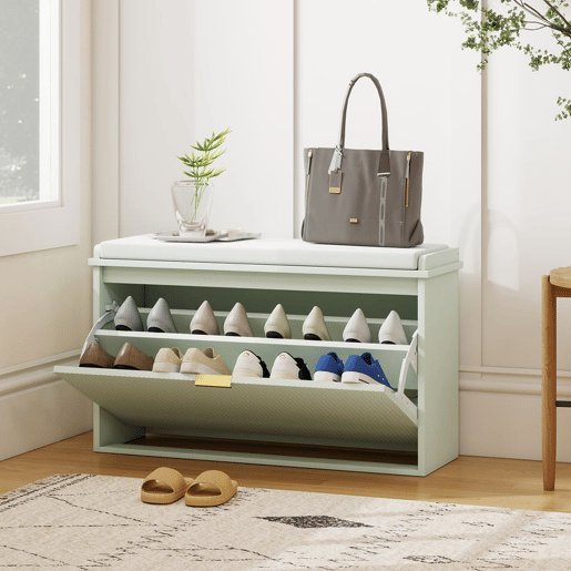 HOMCOM Banco Sapateira Estreito, Banco de Entrada com Assento Acolchoado, Gaveta Rebatível e Prateleira Ajustável, para 8 Pares de Sapatos, para Entrada ou Quarto, 80x26x47,5 cm, Verde Claro HOMCOM Banco Sapateira Estreito, Banco de Entrada com Assento Acolchoado, Gaveta Rebatível e Prateleira Ajustável, para 8 Pares de Sapatos, para Entrada ou Quarto, 80x26x47,5 cm, Verde Claro