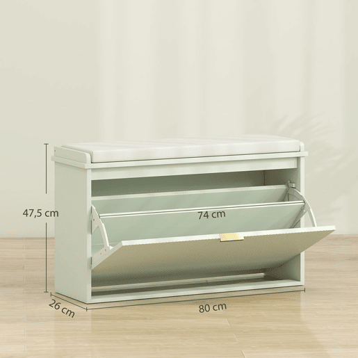HOMCOM Banco Sapateira Estreito, Banco de Entrada com Assento Acolchoado, Gaveta Rebatível e Prateleira Ajustável, para 8 Pares de Sapatos, para Entrada ou Quarto, 80x26x47,5 cm, Verde Claro HOMCOM Banco Sapateira Estreito, Banco de Entrada com Assento Acolchoado, Gaveta Rebatível e Prateleira Ajustável, para 8 Pares de Sapatos, para Entrada ou Quarto, 80x26x47,5 cm, Verde Claro