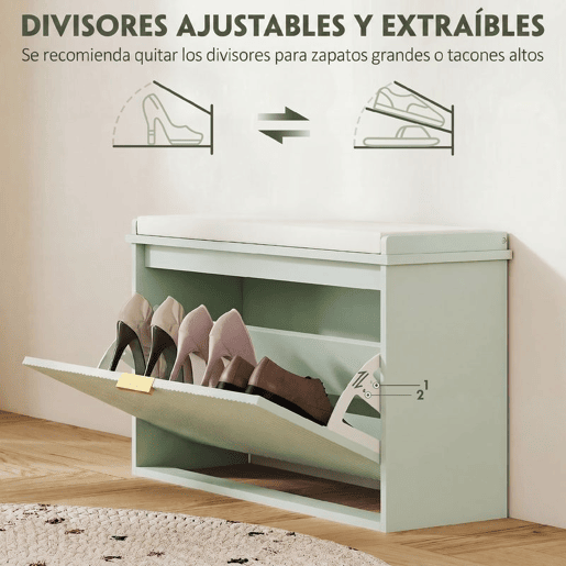 HOMCOM Banco Sapateira Estreito, Banco de Entrada com Assento Acolchoado, Gaveta Rebatível e Prateleira Ajustável, para 8 Pares de Sapatos, para Entrada ou Quarto, 80x26x47,5 cm, Verde Claro HOMCOM Banco Sapateira Estreito, Banco de Entrada com Assento Acolchoado, Gaveta Rebatível e Prateleira Ajustável, para 8 Pares de Sapatos, para Entrada ou Quarto, 80x26x47,5 cm, Verde Claro