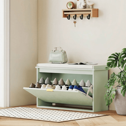 HOMCOM Banco Sapateira Estreito, Banco de Entrada com Assento Acolchoado, Gaveta Rebatível e Prateleira Ajustável, para 8 Pares de Sapatos, para Entrada ou Quarto, 80x26x47,5 cm, Verde Claro HOMCOM Banco Sapateira Estreito, Banco de Entrada com Assento Acolchoado, Gaveta Rebatível e Prateleira Ajustável, para 8 Pares de Sapatos, para Entrada ou Quarto, 80x26x47,5 cm, Verde Claro