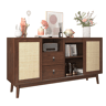 Aparador Natureza para Sala e Cozinha Móvel Auxiliar de Madeira MDF Buffet com 3 Portas de Correr de Rotim Natural 2 Gavetas e Pés de Madeira Maciça 155x38x80cm Madeira Escura