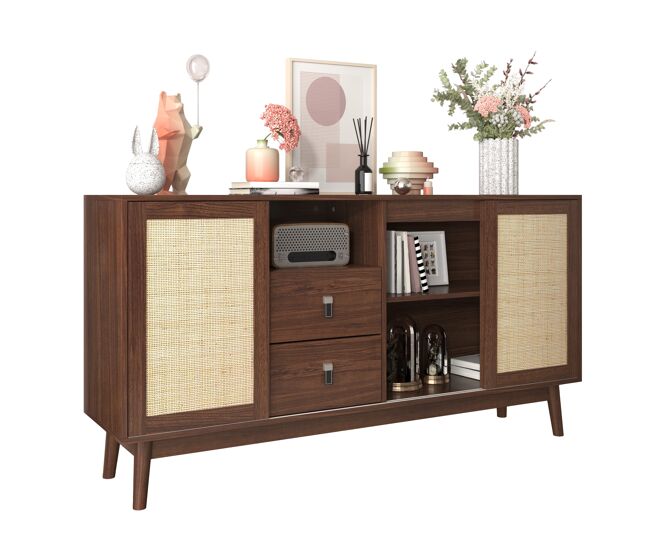 Aparador naturaleza para salón y comedor mueble auxiliar de madera mdf buffet con 3 puertas correderas de ratán natural 2 cajones y patas de madera