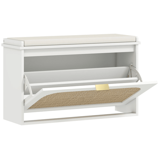 HOMCOM Banco Sapateira Boho, Banco de Entrada Estreito com Assento Acolchoado, Porta de Ráton, Gaveta Basculante, Prateleira Ajustável, para 8 Pares de Sapatos, para Hall ou Quarto, 80x26x47,5 cm, Branco HOMCOM Banco Sapateira Boho, Banco de Entrada Estreito com Assento Acolchoado, Porta de Ráton, Gaveta Basculante, Prateleira Ajustável, para 8 Pares de Sapatos, para Hall ou Quarto, 80x26x47,5 cm, Branco