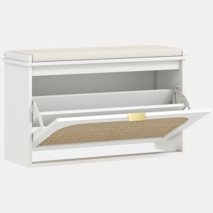 HOMCOM Banco Sapateira Boho, Banco de Entrada Estreito com Assento Acolchoado, Porta de Ráton, Gaveta Basculante, Prateleira Ajustável, para 8 Pares de Sapatos, para Hall ou Quarto, 80x26x47,5 cm, Branco