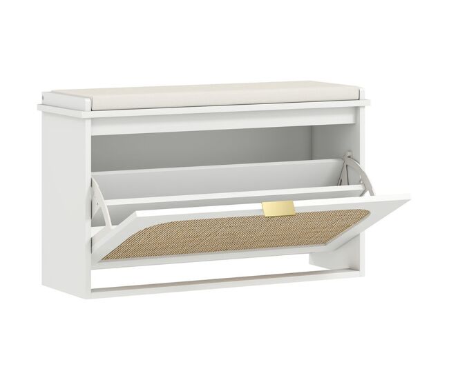 Homcom banco zapatero boho, banco recibidor estrecho con asiento acolchado, puerta de ratán, cajón abatible, estante ajustable, para 8 pares de