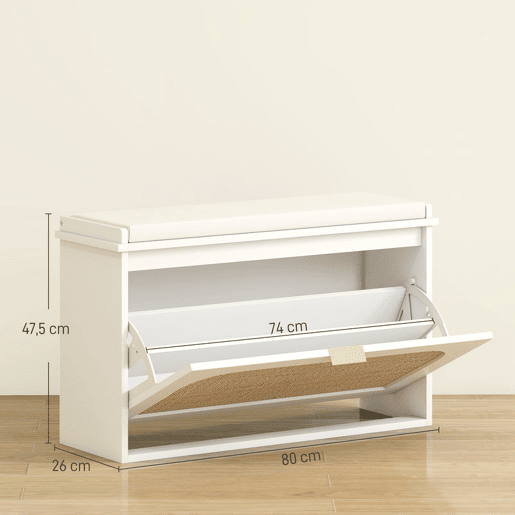 HOMCOM Banco Sapateira Boho, Banco de Entrada Estreito com Assento Acolchoado, Porta de Ráton, Gaveta Basculante, Prateleira Ajustável, para 8 Pares de Sapatos, para Hall ou Quarto, 80x26x47,5 cm, Branco HOMCOM Banco Sapateira Boho, Banco de Entrada Estreito com Assento Acolchoado, Porta de Ráton, Gaveta Basculante, Prateleira Ajustável, para 8 Pares de Sapatos, para Hall ou Quarto, 80x26x47,5 cm, Branco