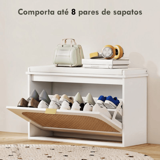 HOMCOM Banco Sapateira Boho, Banco de Entrada Estreito com Assento Acolchoado, Porta de Ráton, Gaveta Basculante, Prateleira Ajustável, para 8 Pares de Sapatos, para Hall ou Quarto, 80x26x47,5 cm, Branco HOMCOM Banco Sapateira Boho, Banco de Entrada Estreito com Assento Acolchoado, Porta de Ráton, Gaveta Basculante, Prateleira Ajustável, para 8 Pares de Sapatos, para Hall ou Quarto, 80x26x47,5 cm, Branco