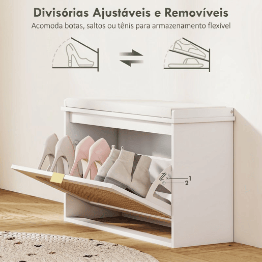 HOMCOM Banco Sapateira Boho, Banco de Entrada Estreito com Assento Acolchoado, Porta de Ráton, Gaveta Basculante, Prateleira Ajustável, para 8 Pares de Sapatos, para Hall ou Quarto, 80x26x47,5 cm, Branco HOMCOM Banco Sapateira Boho, Banco de Entrada Estreito com Assento Acolchoado, Porta de Ráton, Gaveta Basculante, Prateleira Ajustável, para 8 Pares de Sapatos, para Hall ou Quarto, 80x26x47,5 cm, Branco