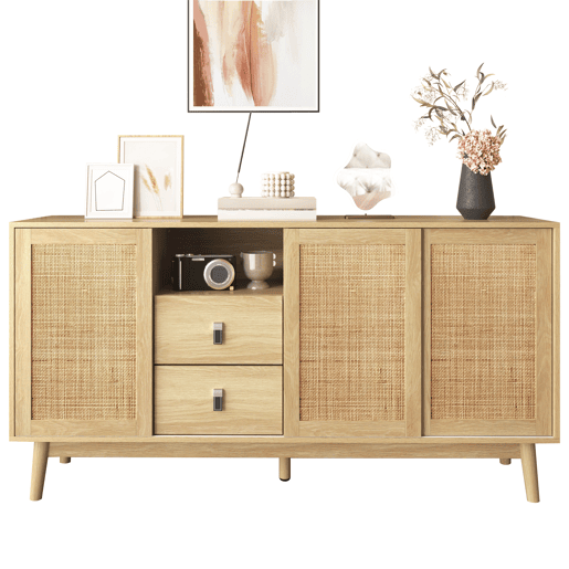Aparador Natureza para Sala e Cozinha Móvel Auxiliar de Madeira MDF Buffet com 3 Portas de Correr de Rotim Natural 2 Gavetas e Pés de Madeira Maciça 155x38x80cm Madeira Aparador Natureza para Sala e Cozinha Móvel Auxiliar de Madeira MDF Buffet com 3 Portas de Correr de Rotim Natural 2 Gavetas e Pés de Madeira Maciça 155x38x80cm Madeira