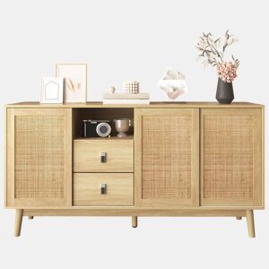 Aparador Natureza para Sala e Cozinha Móvel Auxiliar de Madeira MDF Buffet com 3 Portas de Correr de Rotim Natural 2 Gavetas e Pés de Madeira Maciça 155x38x80cm Madeira
