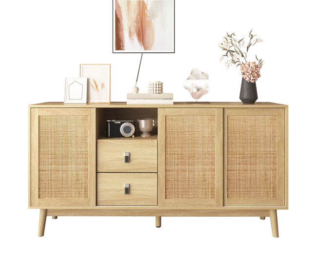 Aparador naturaleza para salón y comedor mueble auxiliar de madera mdf buffet con 3 puertas correderas de ratán natural 2 cajones y patas de madera