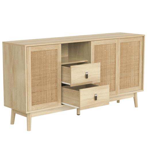 Aparador Natureza para Sala e Cozinha Móvel Auxiliar de Madeira MDF Buffet com 3 Portas de Correr de Rotim Natural 2 Gavetas e Pés de Madeira Maciça 155x38x80cm Madeira Aparador Natureza para Sala e Cozinha Móvel Auxiliar de Madeira MDF Buffet com 3 Portas de Correr de Rotim Natural 2 Gavetas e Pés de Madeira Maciça 155x38x80cm Madeira