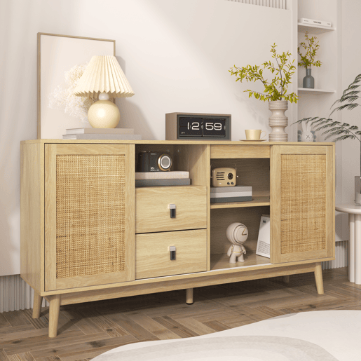 Aparador Natureza para Sala e Cozinha Móvel Auxiliar de Madeira MDF Buffet com 3 Portas de Correr de Rotim Natural 2 Gavetas e Pés de Madeira Maciça 155x38x80cm Madeira Aparador Natureza para Sala e Cozinha Móvel Auxiliar de Madeira MDF Buffet com 3 Portas de Correr de Rotim Natural 2 Gavetas e Pés de Madeira Maciça 155x38x80cm Madeira