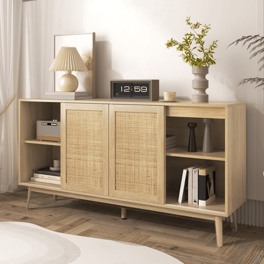 Aparador Natureza para Sala e Cozinha Móvel Auxiliar de Madeira MDF Buffet com 3 Portas de Correr de Rotim Natural 2 Gavetas e Pés de Madeira Maciça 155x38x80cm Madeira Aparador Natureza para Sala e Cozinha Móvel Auxiliar de Madeira MDF Buffet com 3 Portas de Correr de Rotim Natural 2 Gavetas e Pés de Madeira Maciça 155x38x80cm Madeira