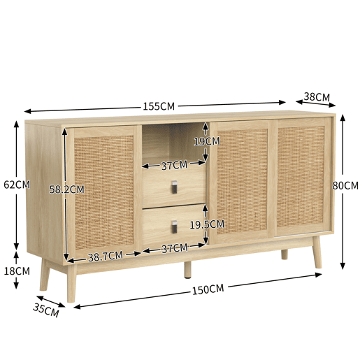 Aparador Natureza para Sala e Cozinha Móvel Auxiliar de Madeira MDF Buffet com 3 Portas de Correr de Rotim Natural 2 Gavetas e Pés de Madeira Maciça 155x38x80cm Madeira Aparador Natureza para Sala e Cozinha Móvel Auxiliar de Madeira MDF Buffet com 3 Portas de Correr de Rotim Natural 2 Gavetas e Pés de Madeira Maciça 155x38x80cm Madeira