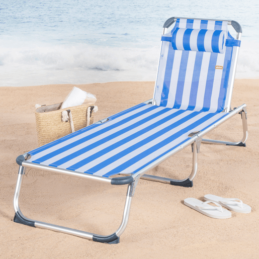 Pack 2 espreguiçadeiras de praia multiposições, estilo náutico, 186x49x30 cm, com almofada Pack 2 espreguiçadeiras de praia multiposições, estilo náutico, 186x49x30 cm, com almofada