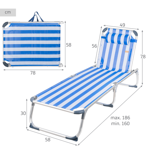 Pack 2 espreguiçadeiras de praia multiposições, estilo náutico, 186x49x30 cm, com almofada Pack 2 espreguiçadeiras de praia multiposições, estilo náutico, 186x49x30 cm, com almofada