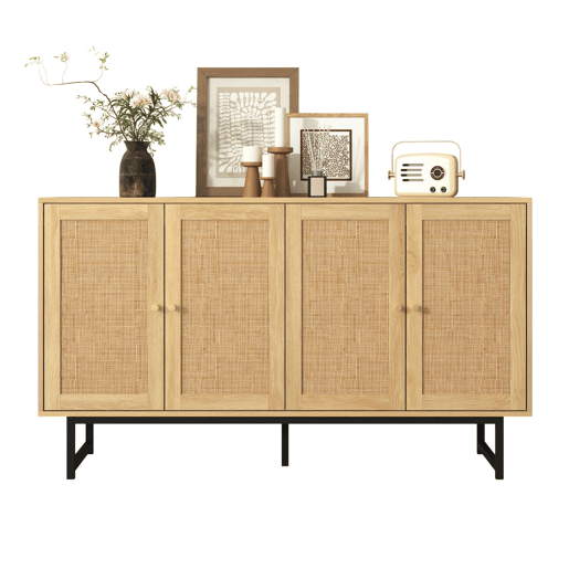 Aparador Natureza para Sala e Cozinha Móvel Auxiliar Buffet com 4 Portas de Rotim Natural Prateleiras Ajustáveis e Pés de Metal Preto 140x39.5x80cm Madeira