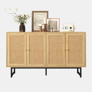Aparador Natureza para Sala e Cozinha Móvel Auxiliar Buffet com 4 Portas de Rotim Natural Prateleiras Ajustáveis e Pés de Metal Preto 140x39.5x80cm Madeira