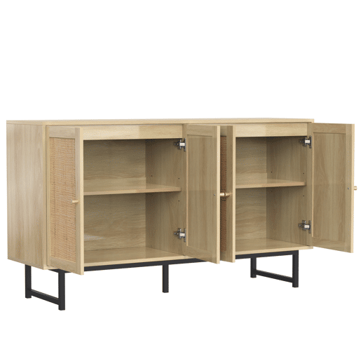 Aparador Natureza para Sala e Cozinha Móvel Auxiliar Buffet com 4 Portas de Rotim Natural Prateleiras Ajustáveis e Pés de Metal Preto 140x39.5x80cm Madeira