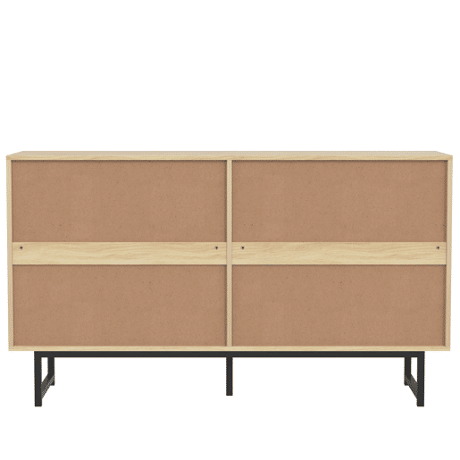 Aparador Natureza para Sala e Cozinha Móvel Auxiliar Buffet com 4 Portas de Rotim Natural Prateleiras Ajustáveis e Pés de Metal Preto 140x39.5x80cm Madeira