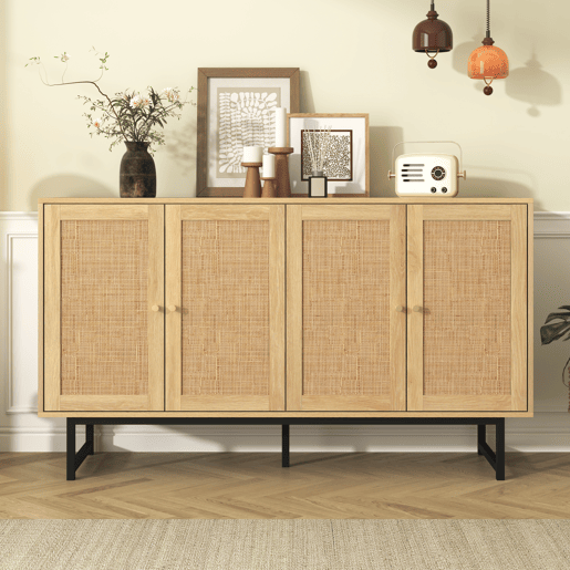 Aparador Natureza para Sala e Cozinha Móvel Auxiliar Buffet com 4 Portas de Rotim Natural Prateleiras Ajustáveis e Pés de Metal Preto 140x39.5x80cm Madeira