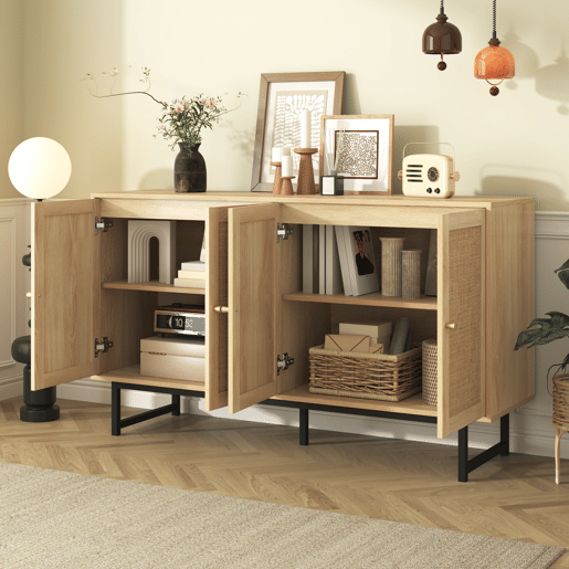 Aparador Natureza para Sala e Cozinha Móvel Auxiliar Buffet com 4 Portas de Rotim Natural Prateleiras Ajustáveis e Pés de Metal Preto 140x39.5x80cm Madeira