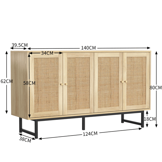 Aparador Natureza para Sala e Cozinha Móvel Auxiliar Buffet com 4 Portas de Rotim Natural Prateleiras Ajustáveis e Pés de Metal Preto 140x39.5x80cm Madeira