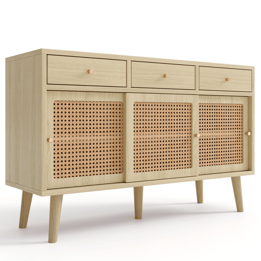 Aparador Retro Elegante de Sala de Estar Jantar Móvel Auxiliar com 3 Portas de Correr de Rotim e 3 Gavetas Armário de Arrumação de Madeira com Prateleiras Ajustáveis 120x40x78cm Carvalho Aparador Retro Elegante de Sala de Estar Jantar Móvel Auxiliar com 3 Portas de Correr de Rotim e 3 Gavetas Armário de Arrumação de Madeira com Prateleiras Ajustáveis 120x40x78cm Carvalho