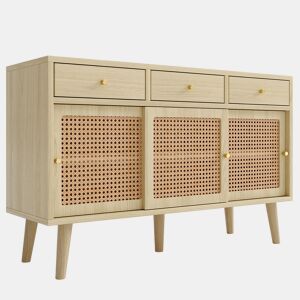 Aparador Retro Elegante de Sala de Estar Jantar Móvel Auxiliar com 3 Portas de Correr de Rotim e 3 Gavetas Armário de Arrumação de Madeira com Prateleiras Ajustáveis 120x40x78cm Carvalho