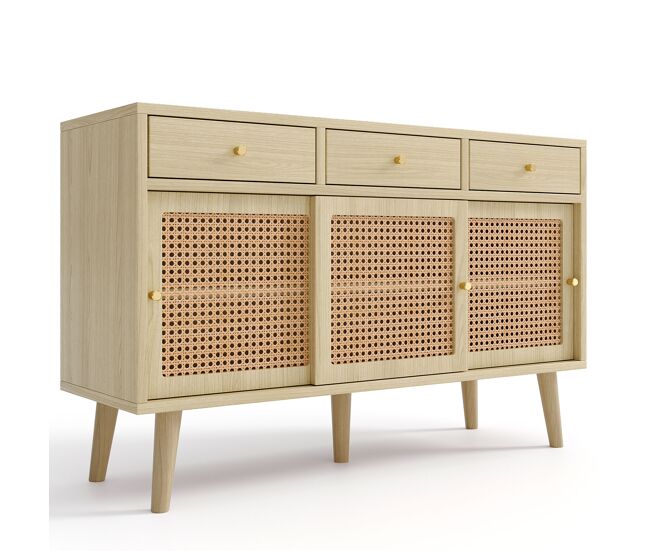 Aparador retro elegante de salón comedor mueble auxiliar con 3 puertas correderas de ratán y 3 cajones armario de almacenaje de madera con estantes