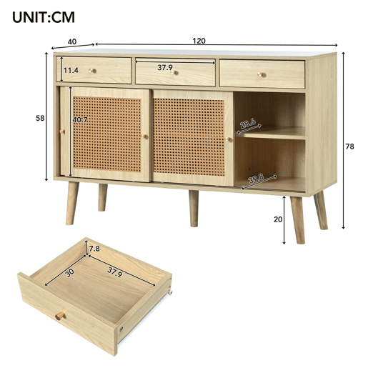 Aparador Retro Elegante de Sala de Estar Jantar Móvel Auxiliar com 3 Portas de Correr de Rotim e 3 Gavetas Armário de Arrumação de Madeira com Prateleiras Ajustáveis 120x40x78cm Carvalho Aparador Retro Elegante de Sala de Estar Jantar Móvel Auxiliar com 3 Portas de Correr de Rotim e 3 Gavetas Armário de Arrumação de Madeira com Prateleiras Ajustáveis 120x40x78cm Carvalho