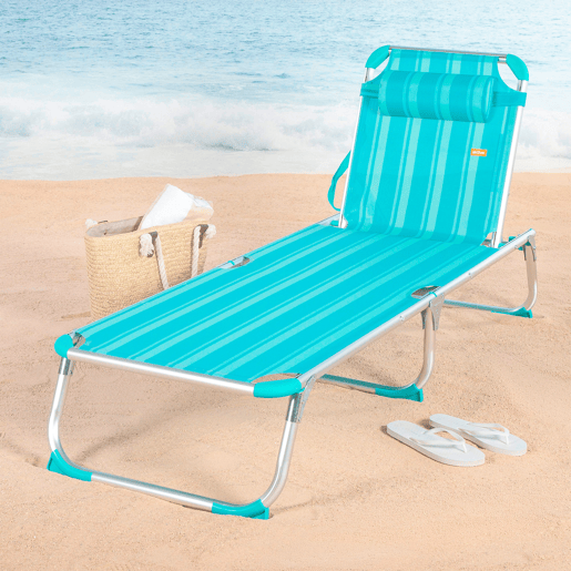 Conjunto de 2 espreguiçadeiras de praia multiposições, 186x49x30 cm, listradas em turquesa, com almofada