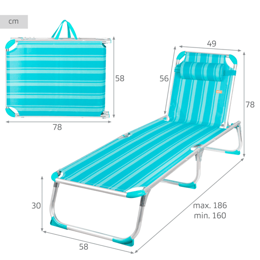 Conjunto de 2 espreguiçadeiras de praia multiposições, 186x49x30 cm, listradas em turquesa, com almofada