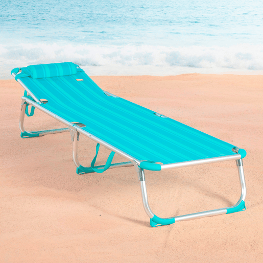 Conjunto de 2 espreguiçadeiras de praia multiposições, 186x49x30 cm, listradas em turquesa, com almofada