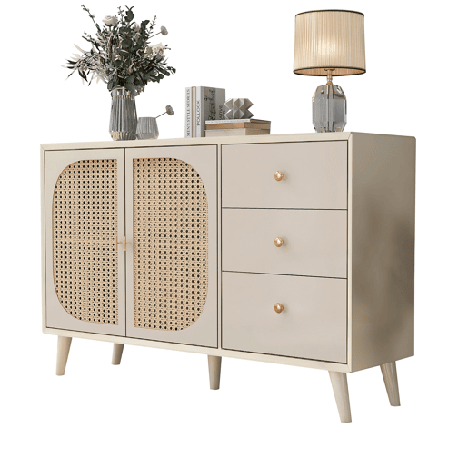Aparador de Sala de Estar Jantar Móvel Auxiliar com 2 Portas de Rotim Palhinha e 3 Gavetas Armário de Arrumação Grande com Pés de Madeira 120x40x82.5cm Crème Aparador de Sala de Estar Jantar Móvel Auxiliar com 2 Portas de Rotim Palhinha e 3 Gavetas Armário de Arrumação Grande com Pés de Madeira 120x40x82.5cm Crème