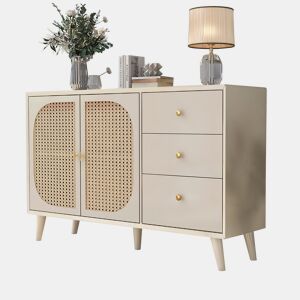 Aparador de Sala de Estar Jantar Móvel Auxiliar com 2 Portas de Rotim Palhinha e 3 Gavetas Armário de Arrumação Grande com Pés de Madeira 120x40x82.5cm Crème