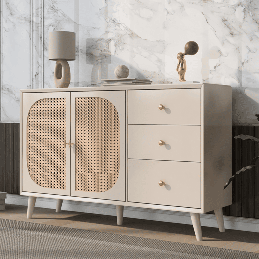 Aparador de Sala de Estar Jantar Móvel Auxiliar com 2 Portas de Rotim Palhinha e 3 Gavetas Armário de Arrumação Grande com Pés de Madeira 120x40x82.5cm Crème Aparador de Sala de Estar Jantar Móvel Auxiliar com 2 Portas de Rotim Palhinha e 3 Gavetas Armário de Arrumação Grande com Pés de Madeira 120x40x82.5cm Crème