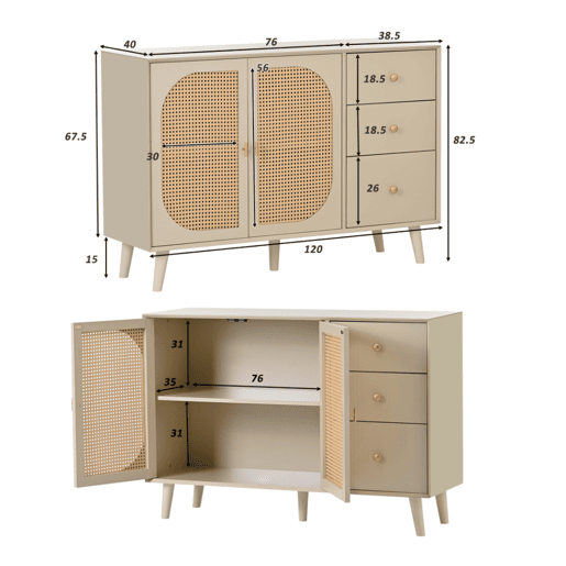 Aparador de Sala de Estar Jantar Móvel Auxiliar com 2 Portas de Rotim Palhinha e 3 Gavetas Armário de Arrumação Grande com Pés de Madeira 120x40x82.5cm Crème Aparador de Sala de Estar Jantar Móvel Auxiliar com 2 Portas de Rotim Palhinha e 3 Gavetas Armário de Arrumação Grande com Pés de Madeira 120x40x82.5cm Crème