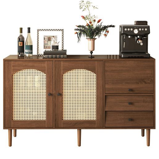 Aparador de Sala de Estar Jantar Estilo Rústico Colonial Móvel Auxiliar com 2 Portas de Rotim Palhinha e 3 Gavetas Armário de Arrumação com Prateleiras Ajustáveis 130x40x75.5cm Cor Madeira