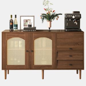 Aparador de Sala de Estar Jantar Estilo Rústico Colonial Móvel Auxiliar com 2 Portas de Rotim Palhinha e 3 Gavetas Armário de Arrumação com Prateleiras Ajustáveis 130x40x75.5cm Cor Madeira
