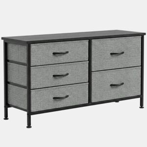 HOMCOM Cómoda com 5 Gavetas de Tecido Cómoda para Quarto Estrutura de Aço para Sala Escritório 100x30x53 cm Cinzento Escuro e Preto