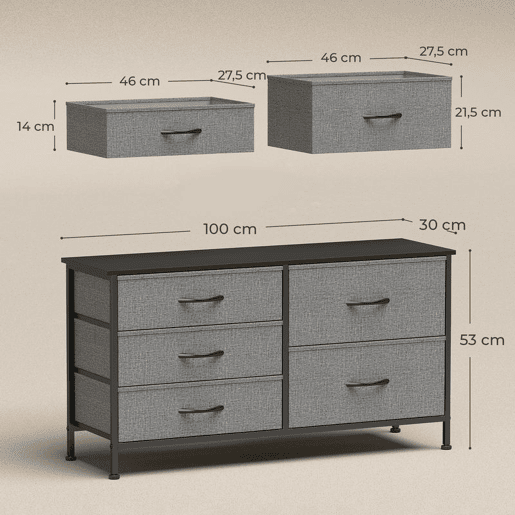 HOMCOM Cómoda com 5 Gavetas de Tecido Cómoda para Quarto Estrutura de Aço para Sala Escritório 100x30x53 cm Cinzento Escuro e Preto HOMCOM Cómoda com 5 Gavetas de Tecido Cómoda para Quarto Estrutura de Aço para Sala Escritório 100x30x53 cm Cinzento Escuro e Preto